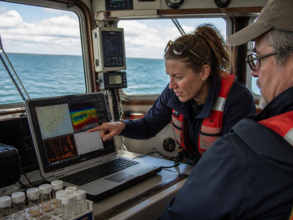 Researchers reviewing sonar and instrument data with sample vials aboard a Great Lakes field vessel