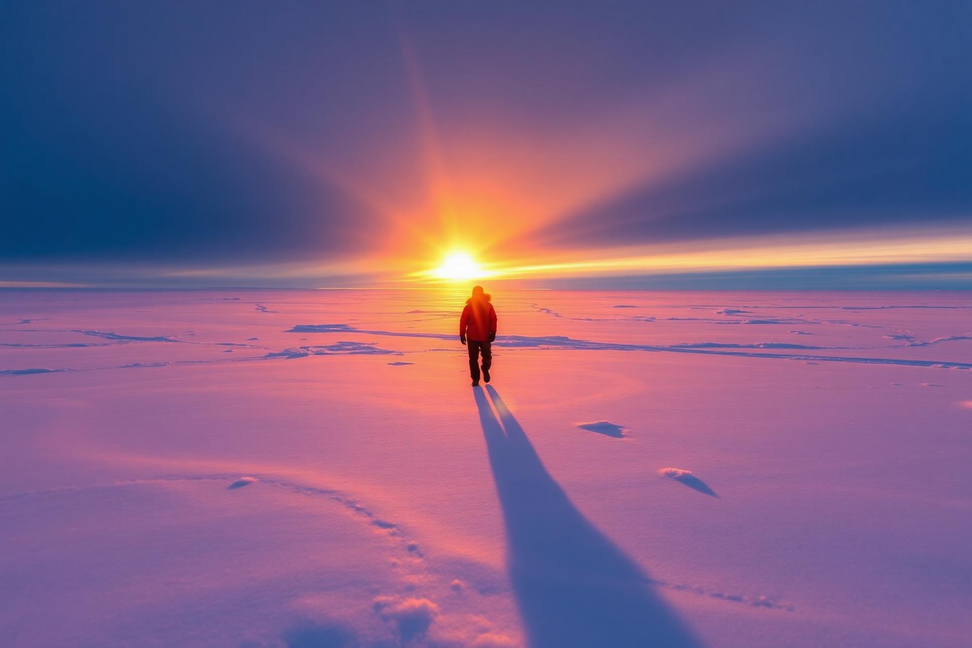Arctic researcher walking across sea ice at sunrise in Utqiagvik, Alaska